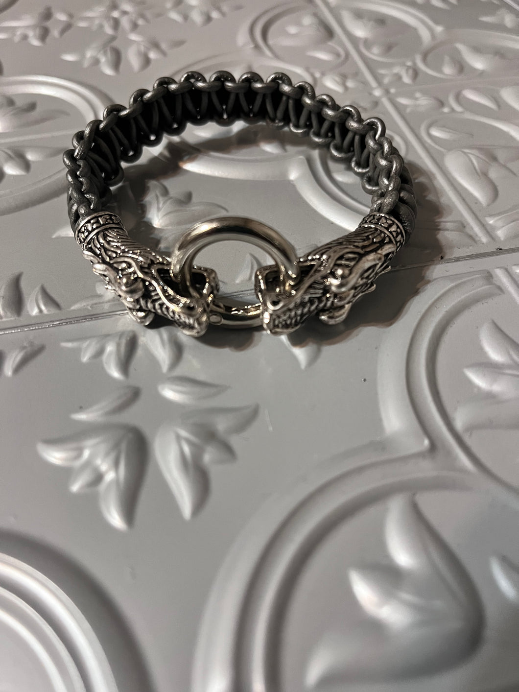 Pewter Braided Leather Dragonhead Mens Bracelet