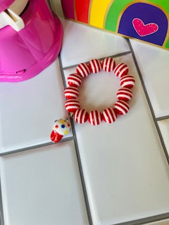 Girls Red & White Stripe Big Bead Cupcake Charm Bracelet