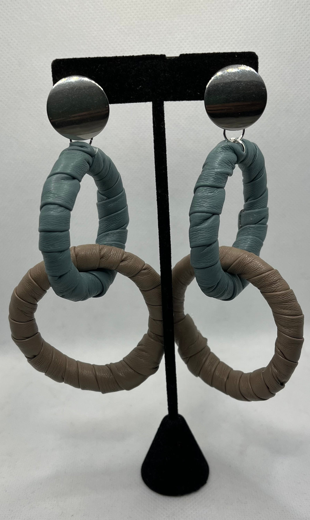 Leather LoopTee Link Earrings- Teal/Taupe